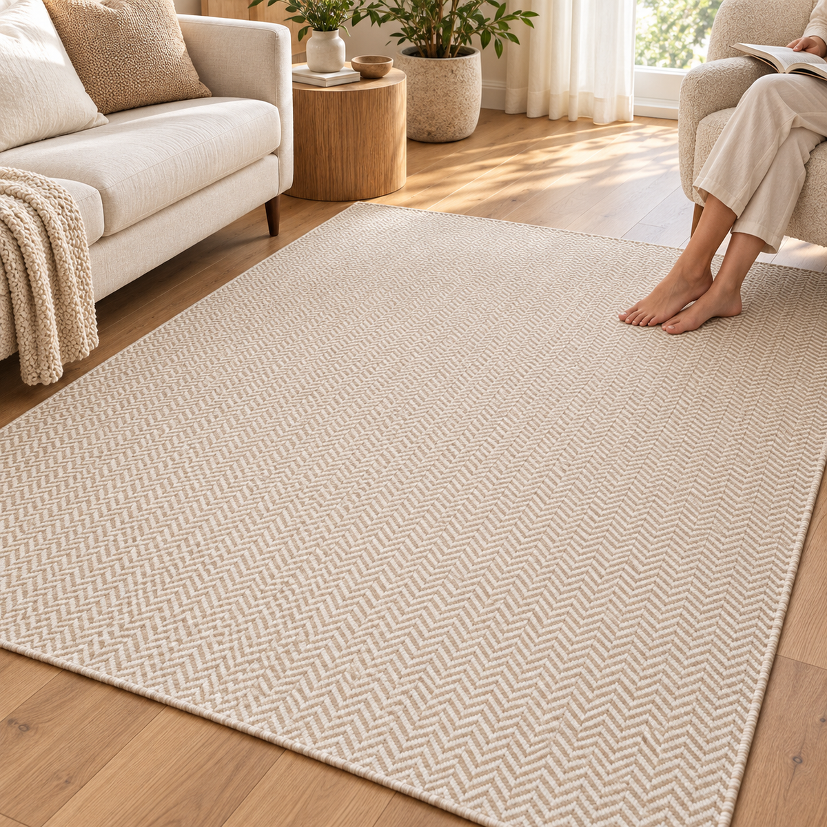 Tapete Chevron Bege em ambiente decorado