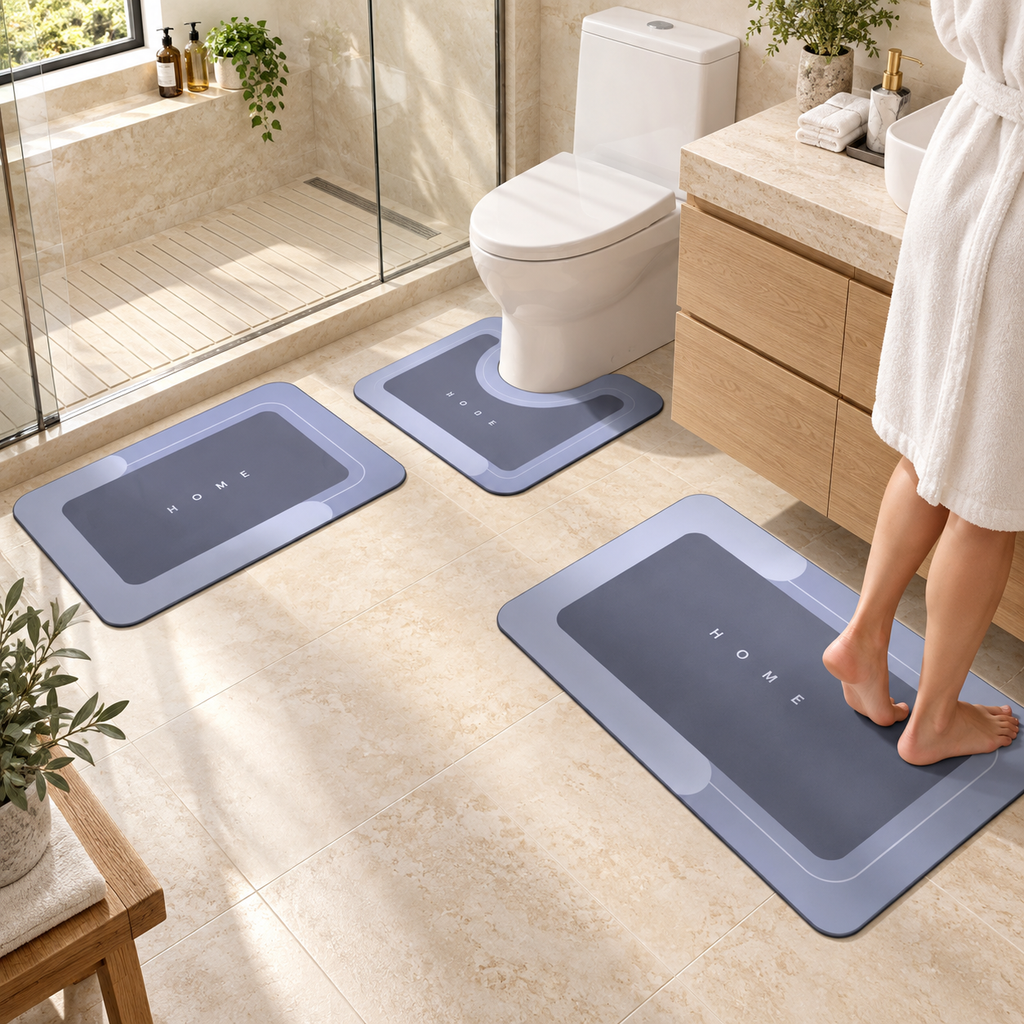 Conjunto Home Azul com três tapetes, ambientado em banheiro