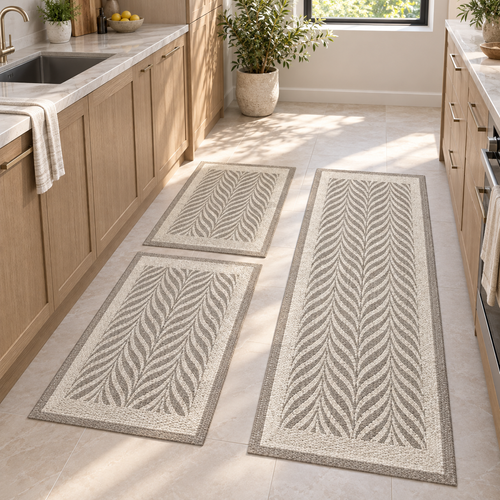 Conjunto Axia de três tapetes artesanais para cozinha na cor Cinza