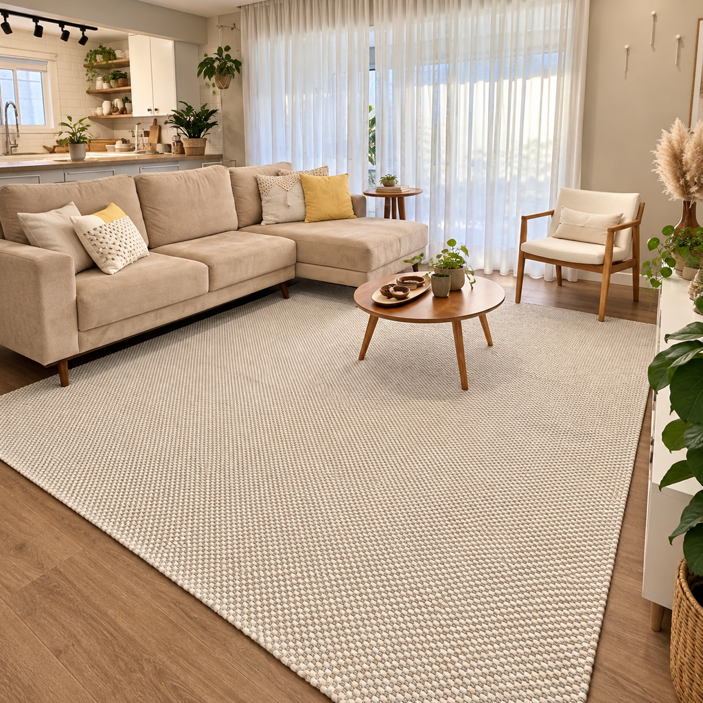 Tapete de sala artesanal 100% algodão na cor Off White com Cinza