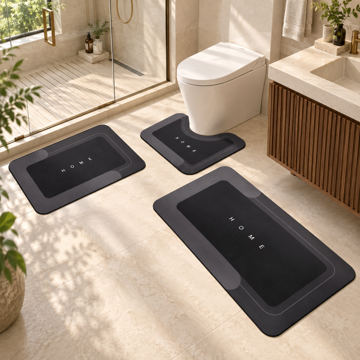 Conjunto Home Preto com três tapetes, ambientado em banheiro