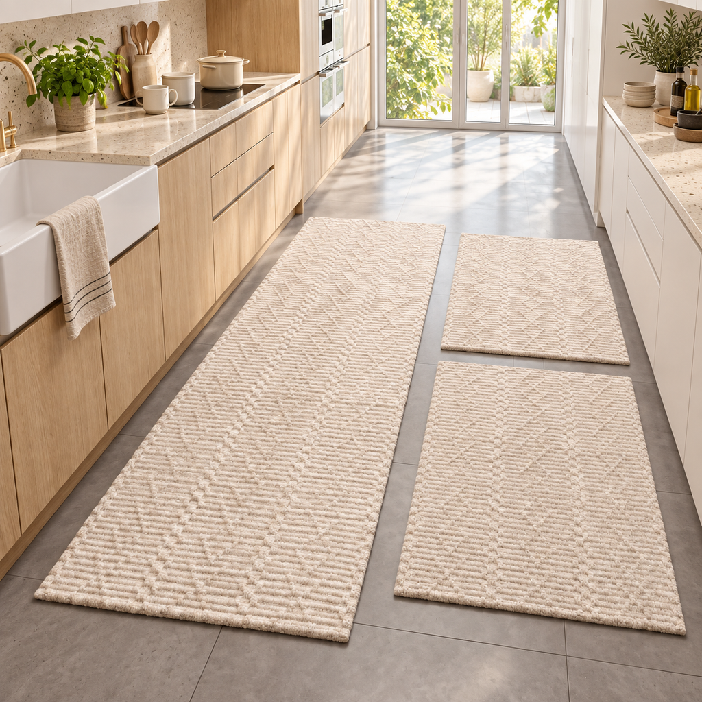 Conjunto de três tapetes de algodão para cozinha, modelo Texturizado Natural