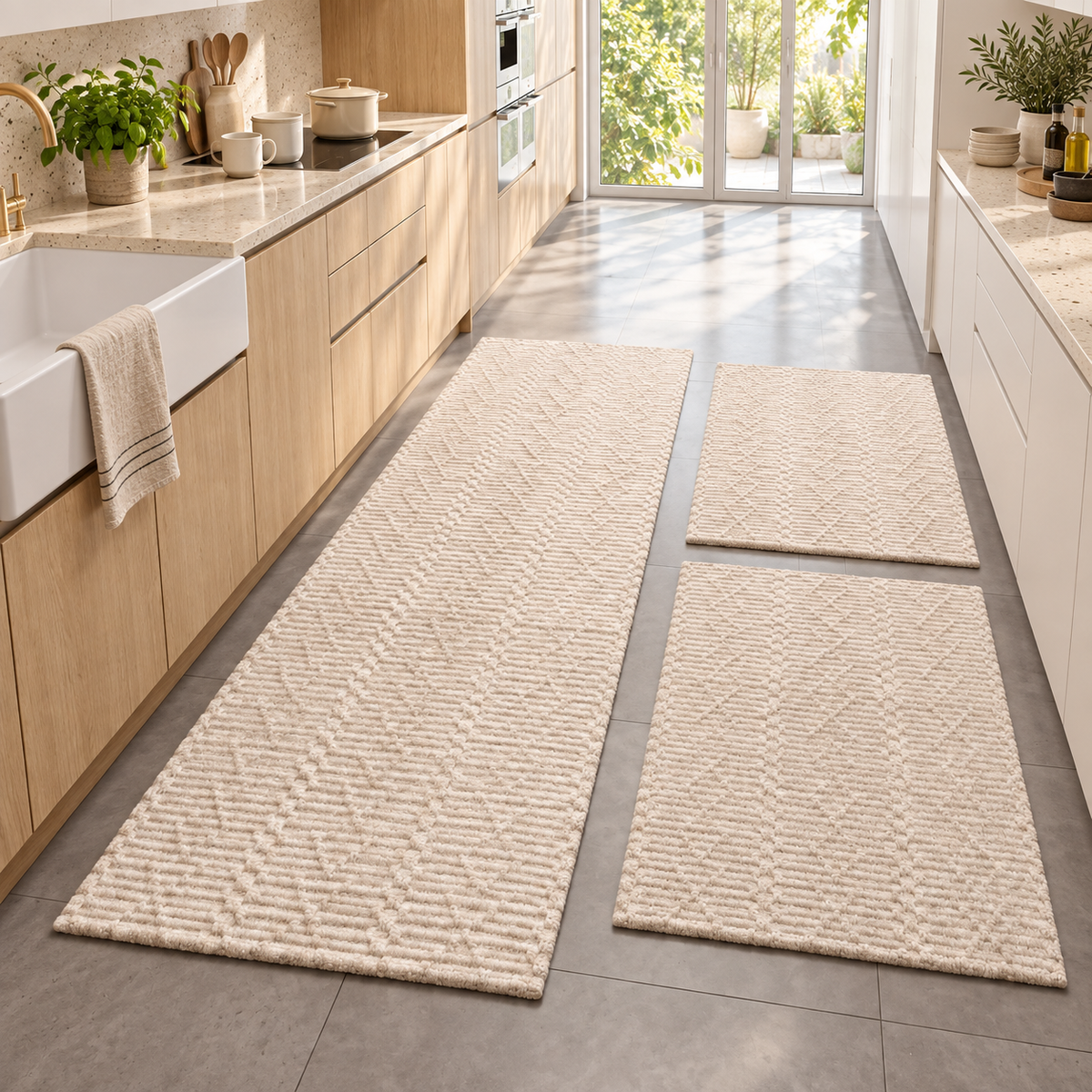 Conjunto de três tapetes de algodão para cozinha, modelo Texturizado Natural