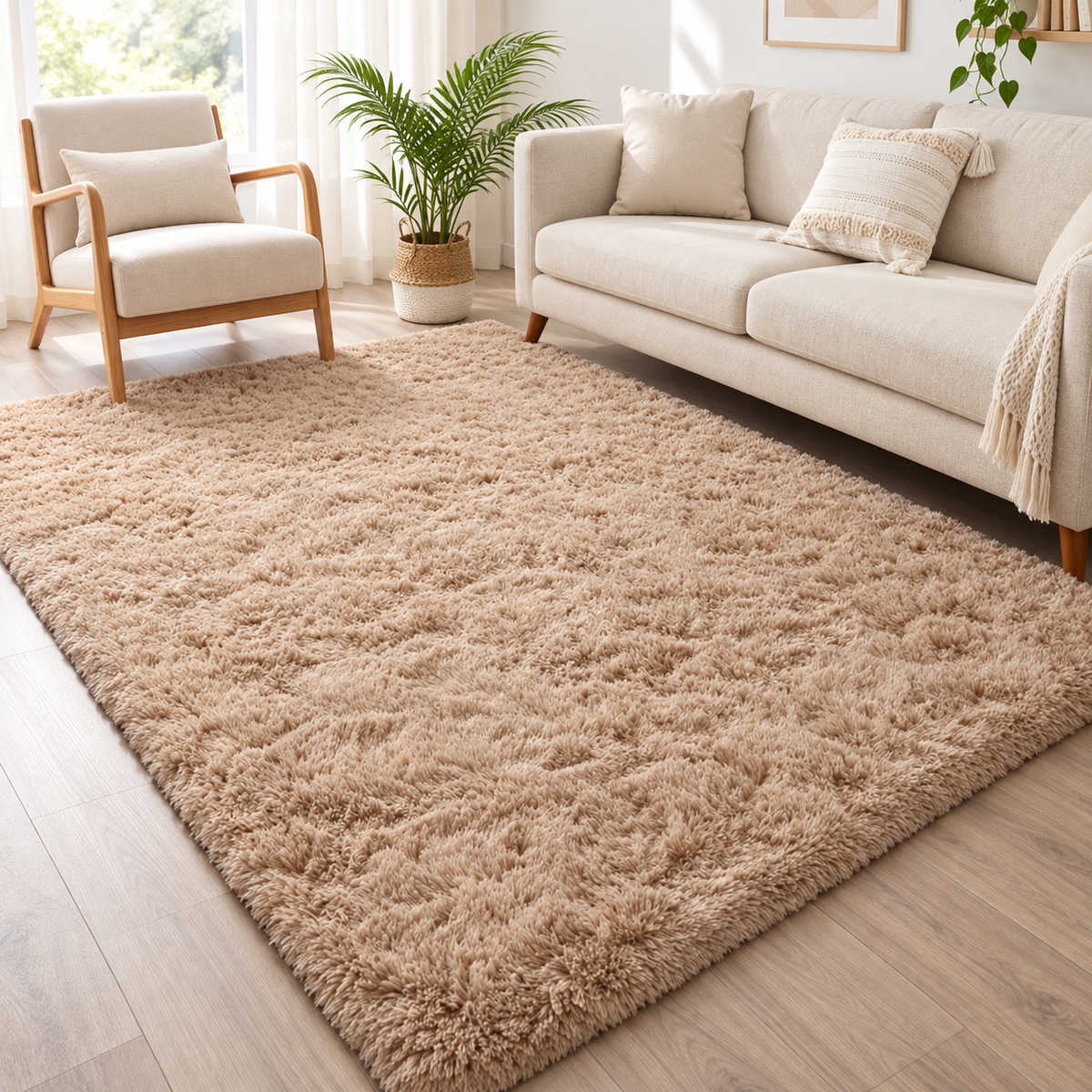 Tapete felpudo Bege de 1,5 × 2 m em sala