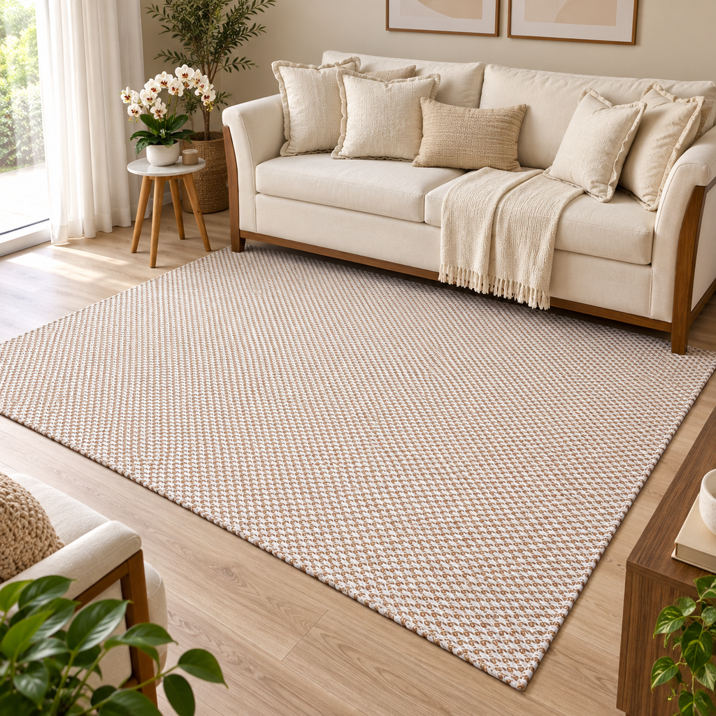 Tapete de sala artesanal 100% algodão na cor Off White com Caramelo