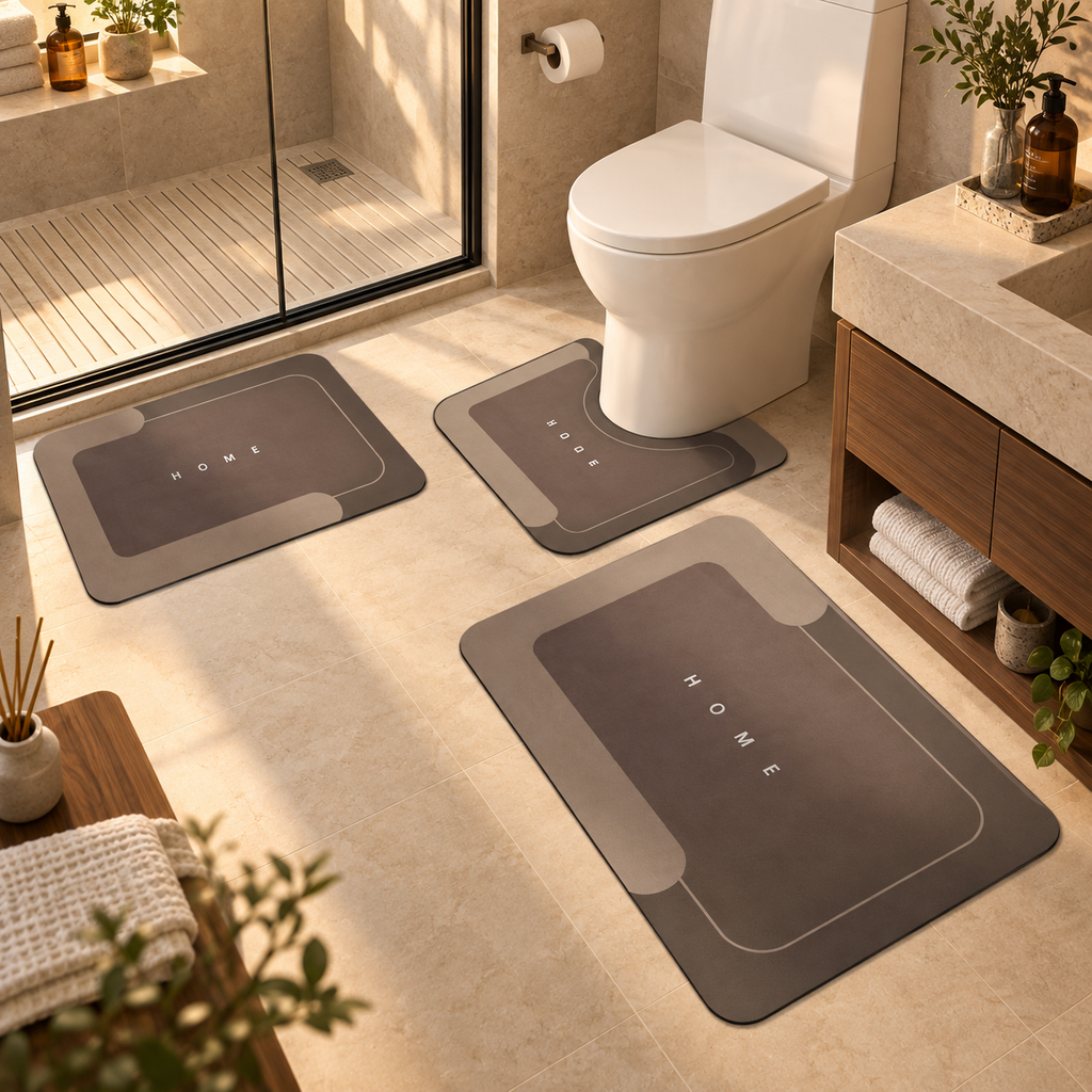 Conjunto Home Marrom com três tapetes, ambientado em banheiro