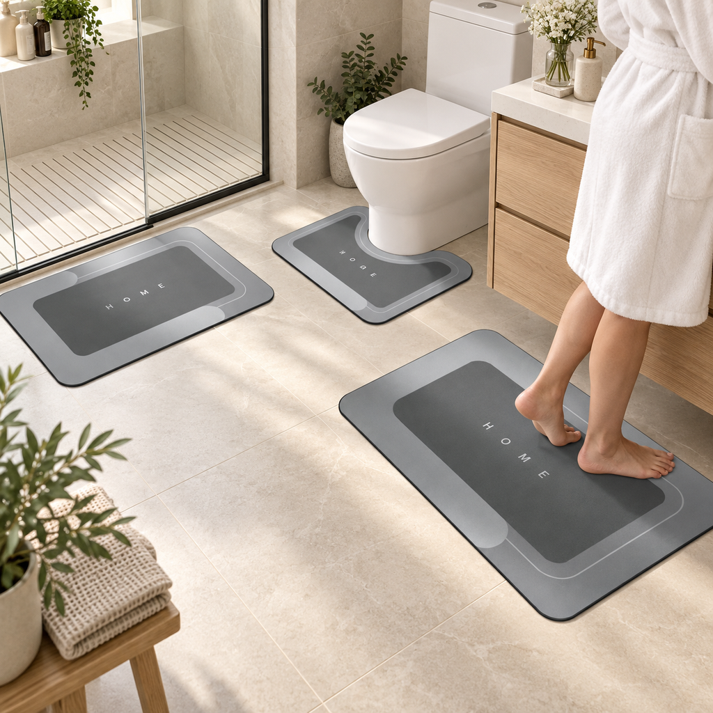 Conjunto Home Cinza-escuro com três tapetes, ambientado em banheiro