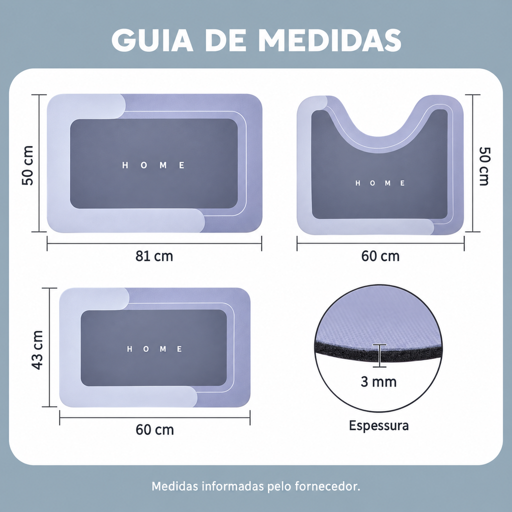 Guia Home: peça maior 50 × 81 cm, recorte em U 50 × 60 cm, peça menor 43 × 60 cm; espessura 3 mm