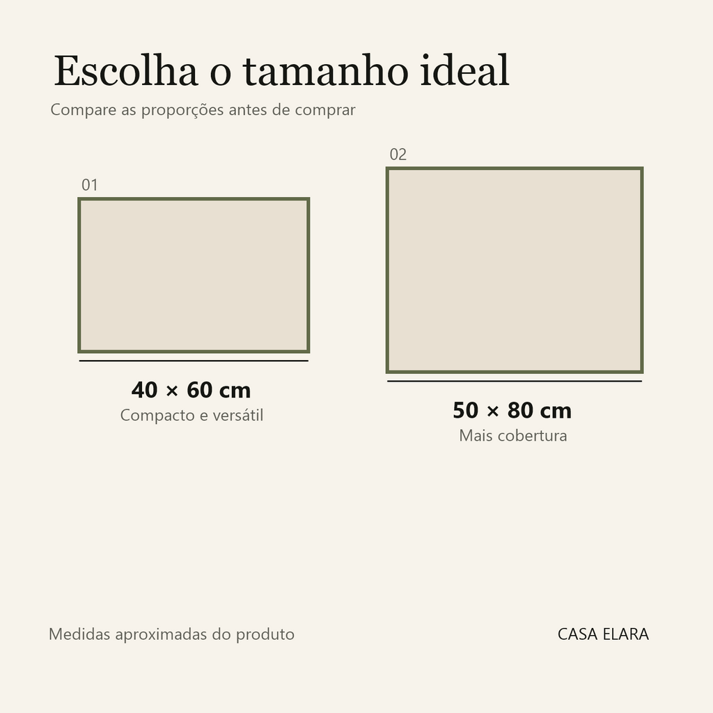 Guia de tamanhos do tapete geométrico 40 por 60 e 50 por 80 centímetros