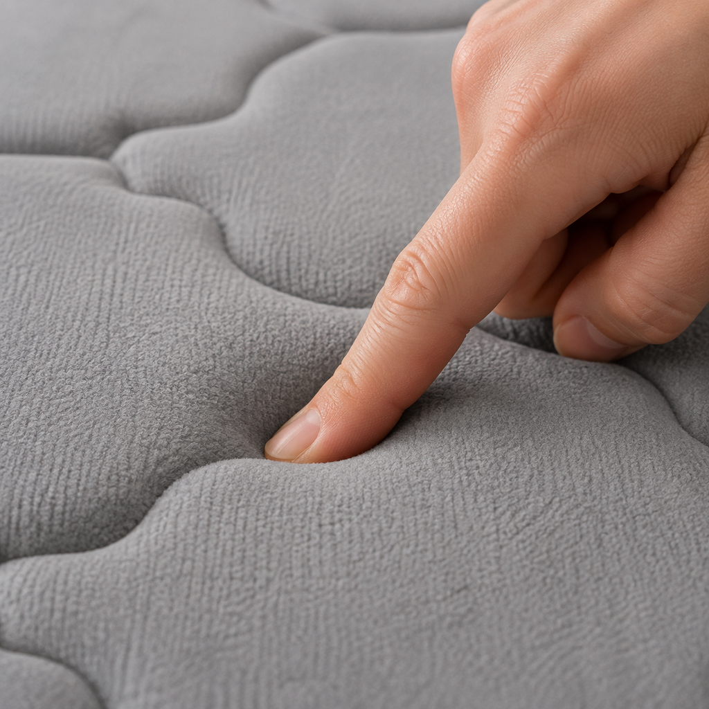 Detalhe da maciez do tapete para banheiro Memory Foam cinza