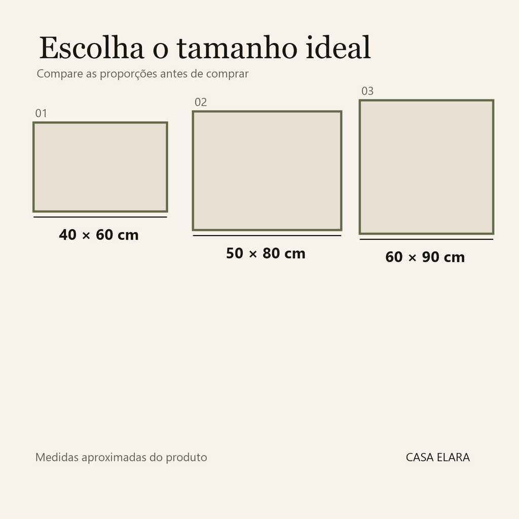 Comparação dos tamanhos 40 por 60, 50 por 80 e 60 por 90 centímetros